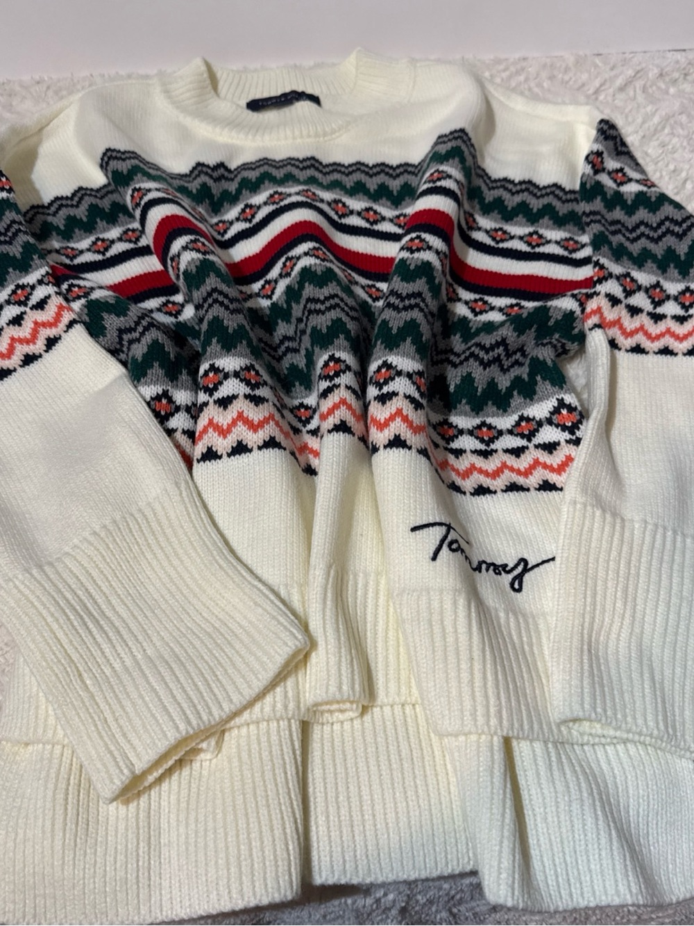 Tommy Hilfiger Ivory Fair Isle Crewneck Sweater with Red & Green Accents